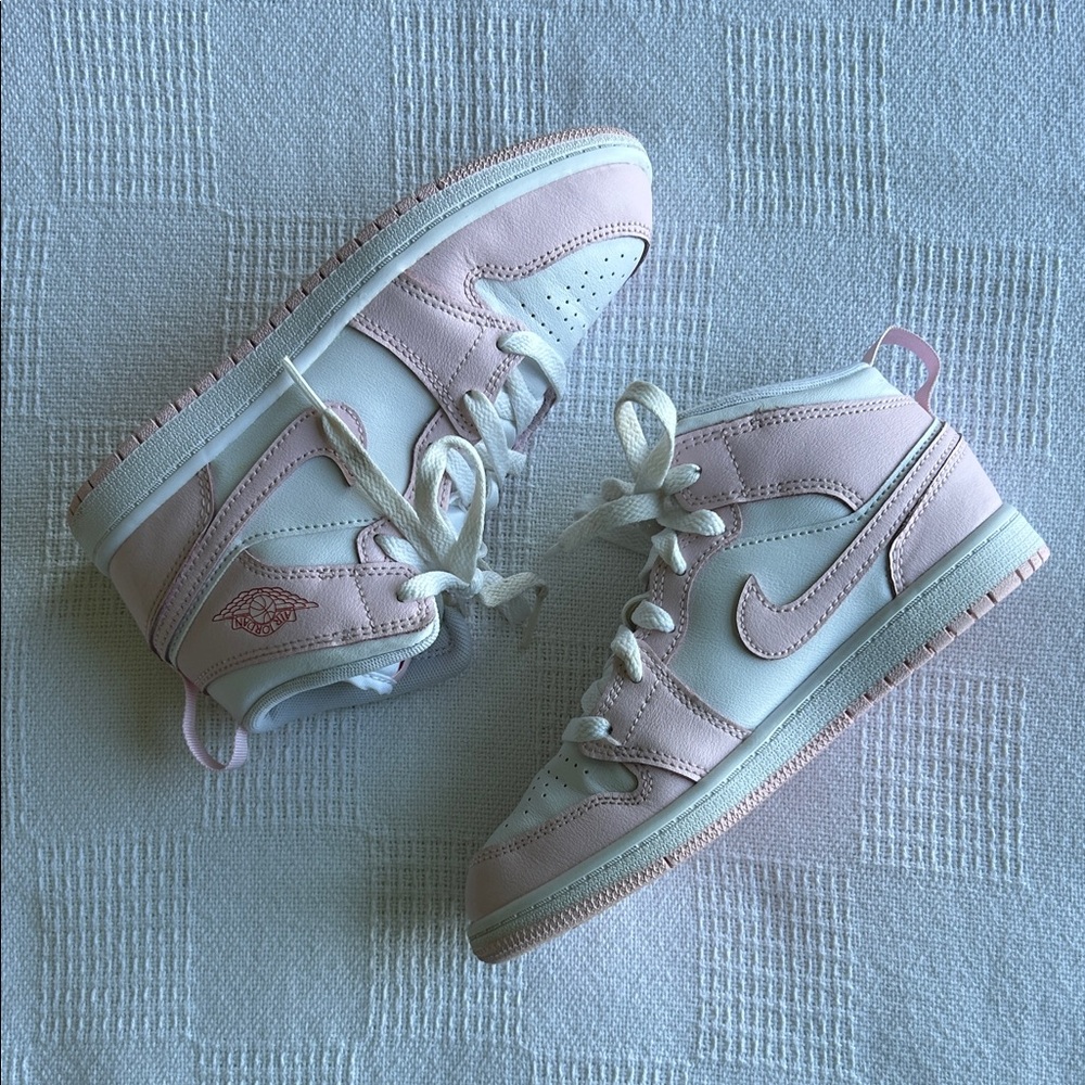 Kids Jordan AJ 1 Mid Pink and White sneaker size 2Y